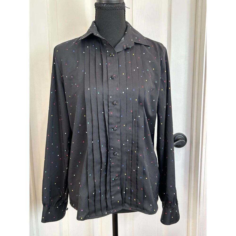 Vintage 80s Josephine Womens Confetti Polka Dot Tuxedo Pleated Blouse Sz 10